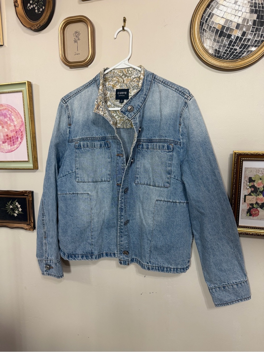 Light Wash Denim Jacket with Floral Trim